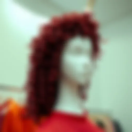 Vibrant burgundy kinky curly wig showcased on a mannequin
