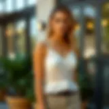 A stylish white dressy top with intricate lace details, perfect for upscale events