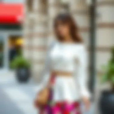 Chic Versatile Styling A chic white dressy top paired with a colorful skirt, showcasing versatile styling options