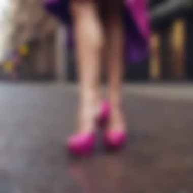 A vibrant street style look featuring fuchsia high heels