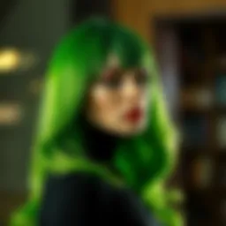 Vibrant green highlight wig styled elegantly