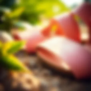 Close-up of rose pink sandal materials highlighting sustainability