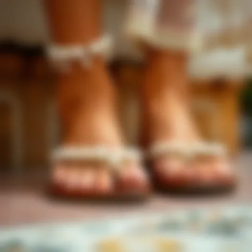 Close-up of pearl-adorned sandals showcasing intricate detailing