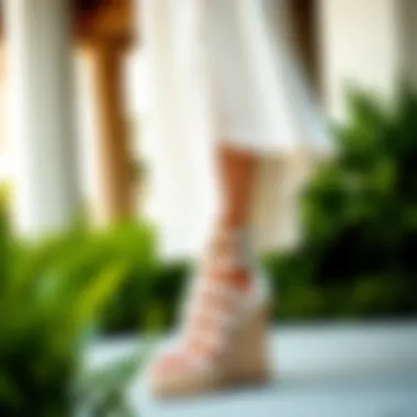 A fashionable outfit paired with white strappy wedge sandals