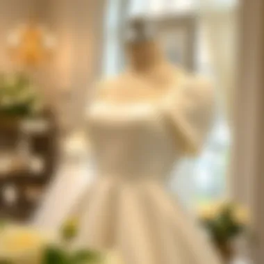 Elegant square neck puff sleeve wedding dress on a mannequin