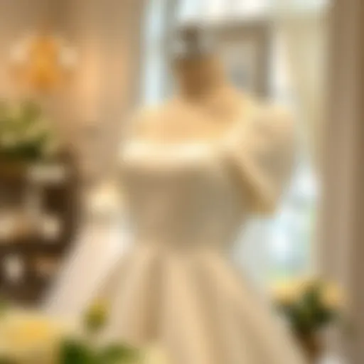 Elegant Display of a Square Neck Puff Sleeve Wedding Dress Elegant square neck puff sleeve wedding dress on a mannequin