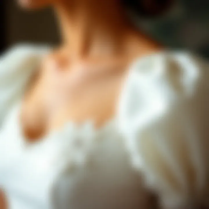Close-up of the fabric details of a wedding dress with puff sleeves