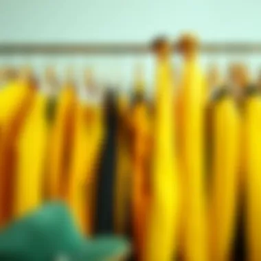 A collection of various banana costume styles on hangers