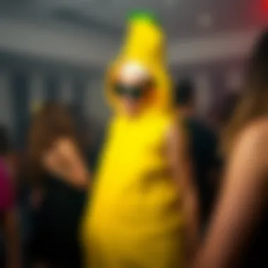 A vibrant adult banana costume displayed at a costume party