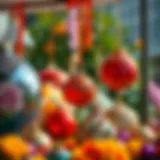 A collection of vibrant summer ornaments displayed in an outdoor setting.