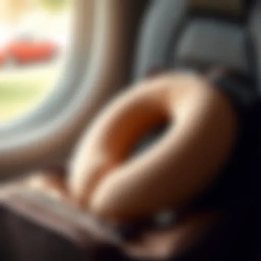 An elegant U shaped neck pillow resting on a cozy travel bag