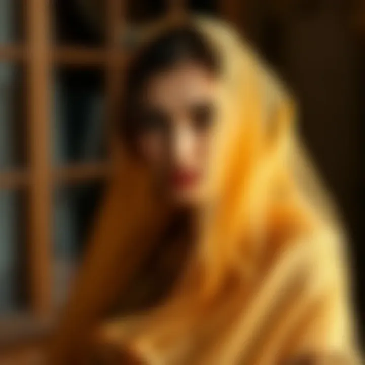 A styled outfit featuring a gold organza shawl, enhancing the overall look