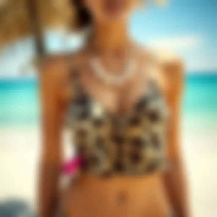 Stylish cheetah print tankini top displayed on a vibrant beach setting