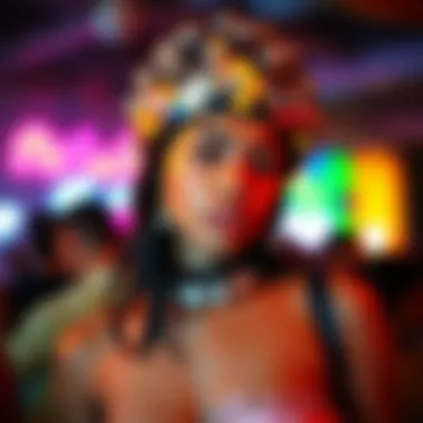 A fashionable individual wearing a disco ball headpiece at a vibrant event.