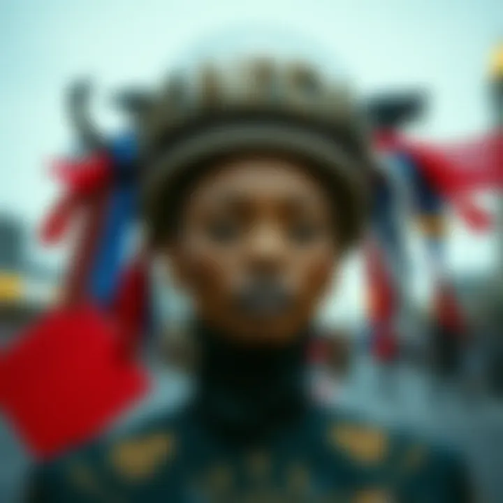 Artistic representation of a disco ball headpiece surrounded by cultural symbols.