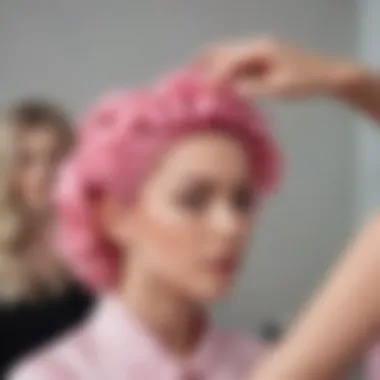 Close-up of hair being styled with pink magic hair rollers