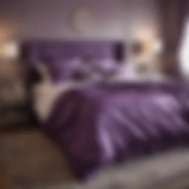 A beautifully decorated bedroom featuring purple satin decor