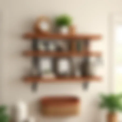 Elegant farmhouse corner shelf showcasing rustic decor