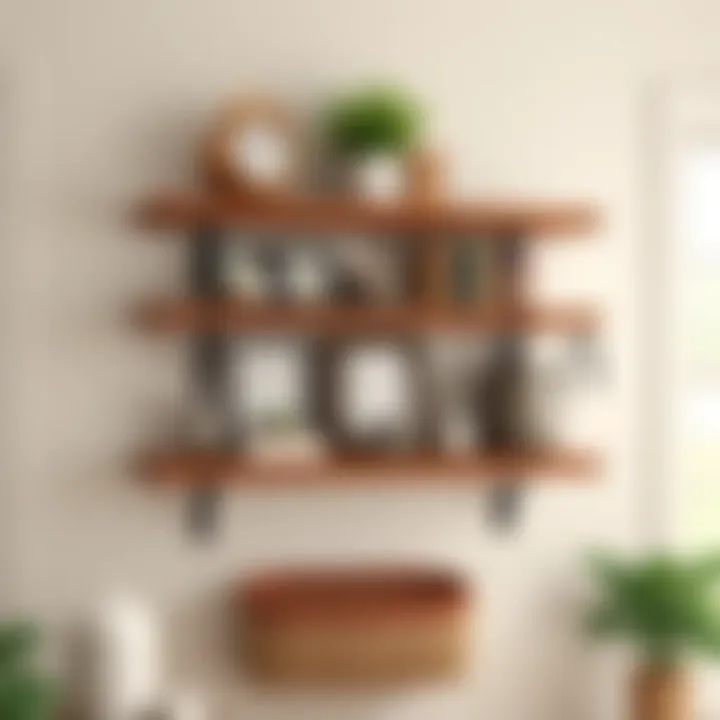 Elegant farmhouse corner shelf showcasing rustic decor