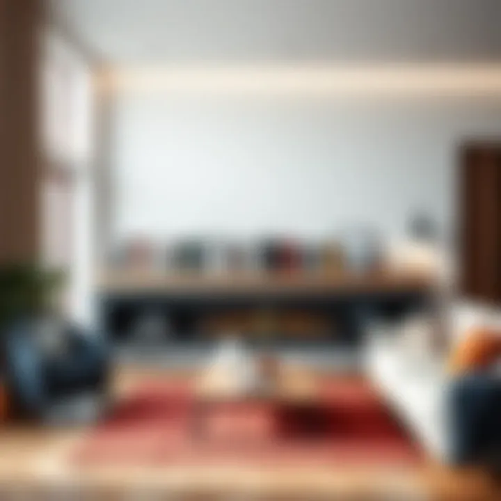 Chic Floating Book Ledge in Modern Living Room A chic floating book ledge showcasing an array of books in a modern living room.