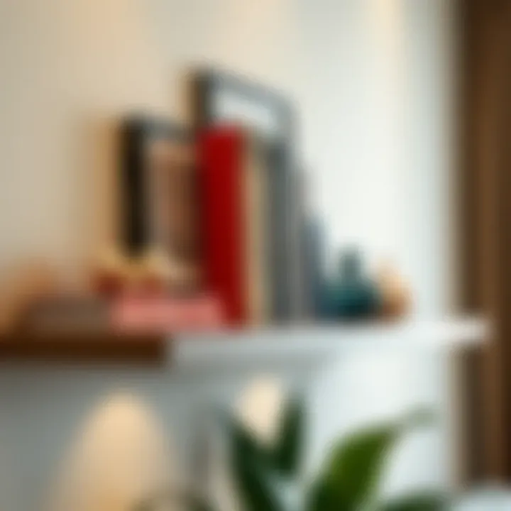 Creative Floating Book Ledge with Decorative Items A close-up of a creatively designed floating book ledge with decorative items and books.
