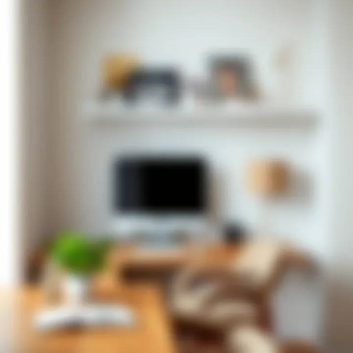 Minimalist Workspace with Stylish Book Ledge A minimalist workspace featuring a stylish floating book ledge filled with inspiring literature.