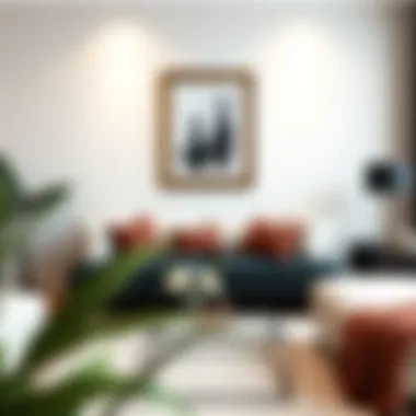 A modern living space featuring stylish picture frame vases as decor.