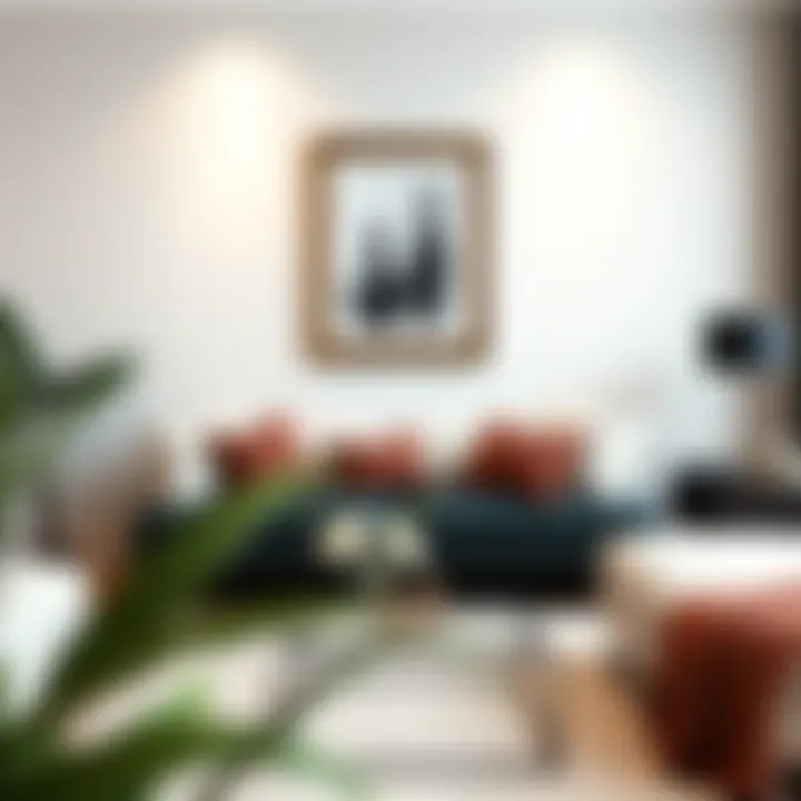 A modern living space featuring stylish picture frame vases as decor.