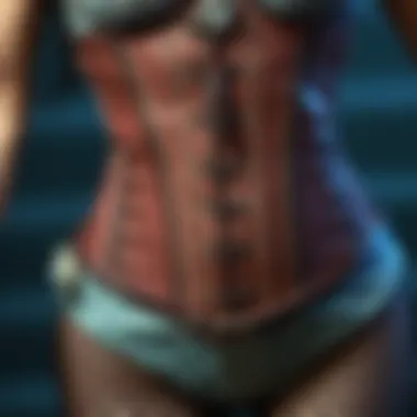 A close-up of unique patterns and textures in a corset and stocking ensemble