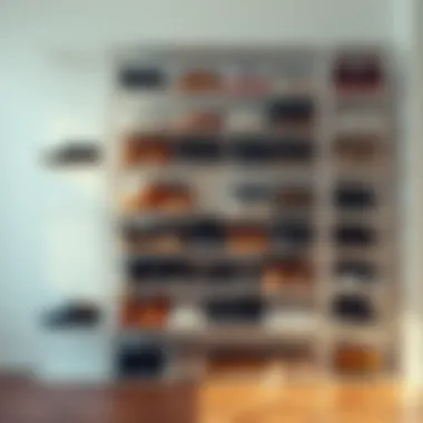 Minimalist design of a multi-layer shoe rack showcasing various shoe types