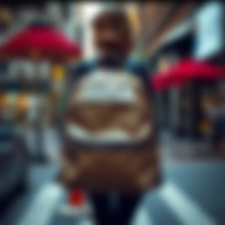 Chic Patent Leather Backpack in Urban Environment Elegant patent leather backpack showcased in a trendy urban setting