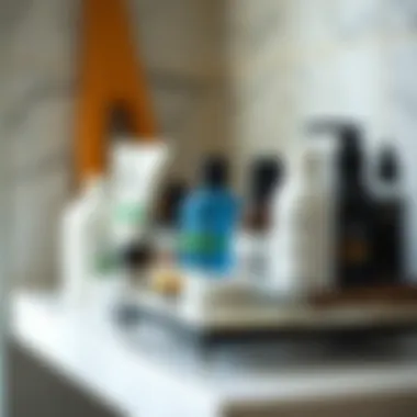 A selection of eco-friendly shaving products displayed on a shower shelf