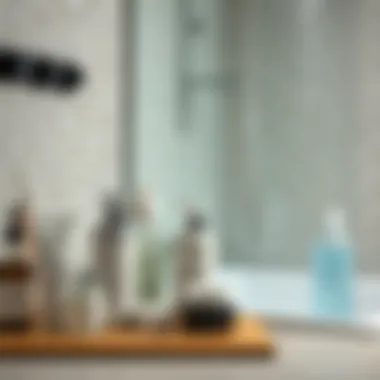 Soothing skin care products arranged next to a shower