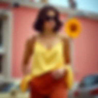 Pale yellow cami paired with seasonal accessories