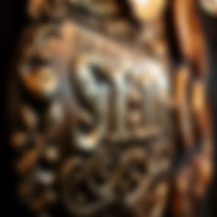 Close-up of the intricate craftsmanship on a decorative tin sign