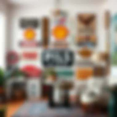 A collection of themed tin wall signs in a stylish interior setting