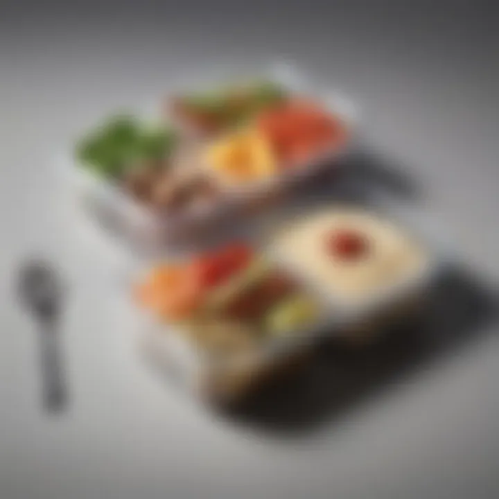 Close-up of the materials used in a four-compartment lunch container.