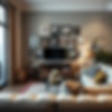 Stylish living room featuring diverse collage frames for 5x7 photographs as decor