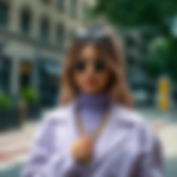 Fashionable individual wearing a lilac set outfit in an urban setting