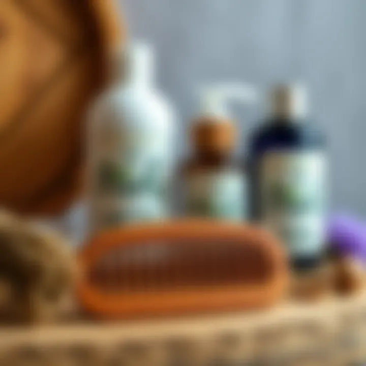 Peach wood comb next to eco-friendly grooming products