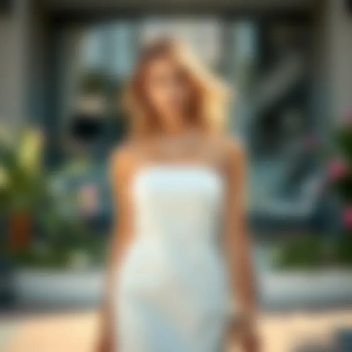 A well-styled white bandeau dress paired with accessories