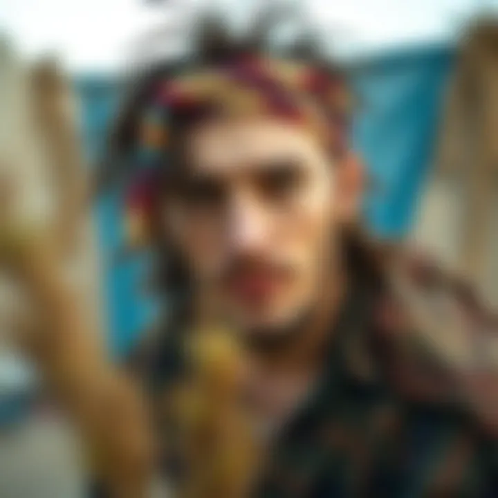 Man wearing a colorful headband with a hippie wig in a bohemian setting