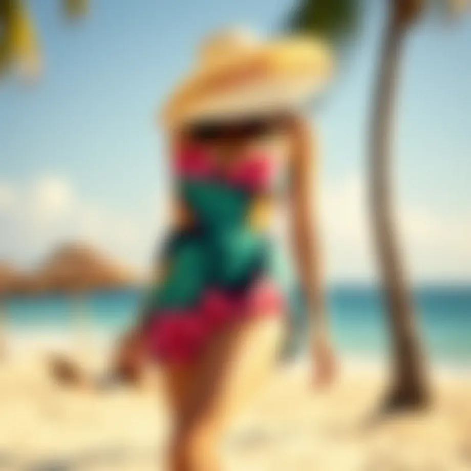 Vibrant tropical print swimdress displayed on a sunny beach