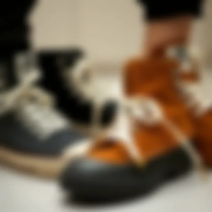 Stylish arrangement of extra long white shoelaces on various footwear