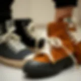 Stylish Footwear with Extra Long White Shoelaces Stylish arrangement of extra long white shoelaces on various footwear