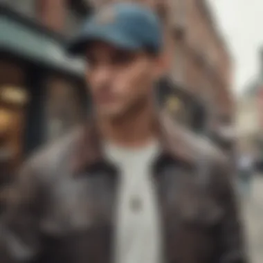 Stylish individual wearing a vintage distressed baseball cap in an urban setting