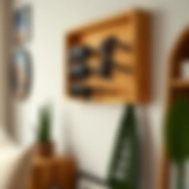 Wooden Rack Complementing Interior Aesthetics A wooden wall mounted sunglass rack blending with interior decor