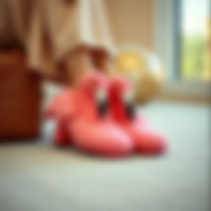 A fashionable outfit complemented by flamingo slippers