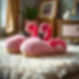 Stylish flamingo slippers displayed on a soft rug