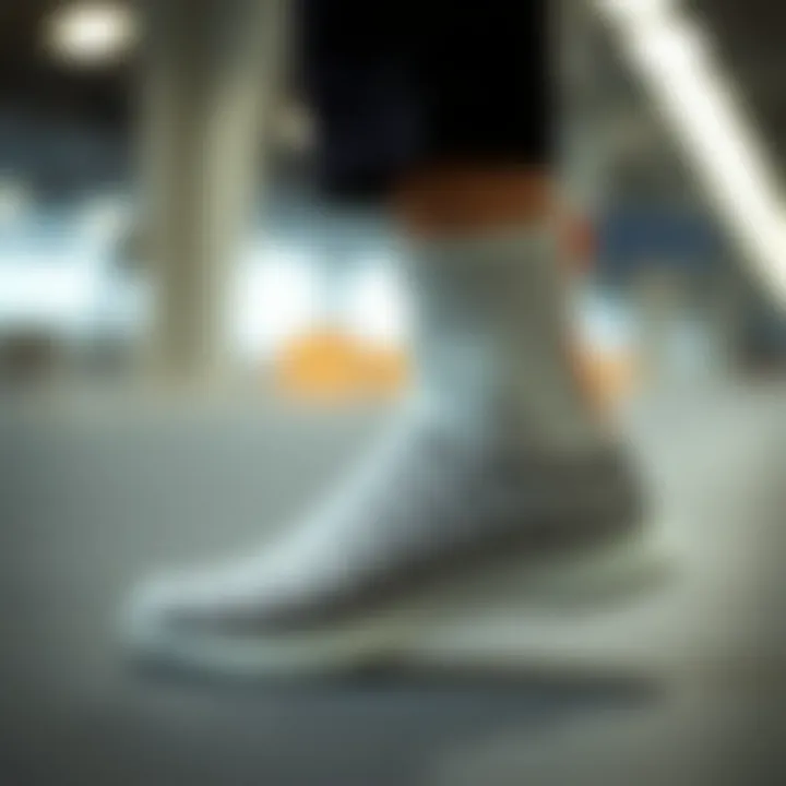 Side view of a woven elastic shoe highlighting its unique design and flexibility.